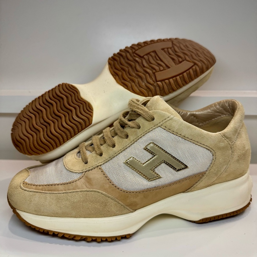 Hogan Interactive Women 6.5 Beige Gold H Logo Chunky Excellent Used Condition 🔥